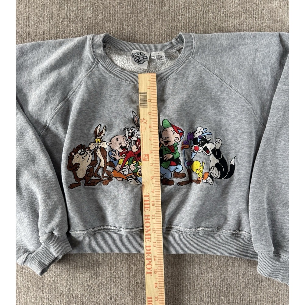 Vintage Looney Tunes Crewneck Sweatshirt XL‎ Crop Embroidered 90s Gray - Picture 7 of 10